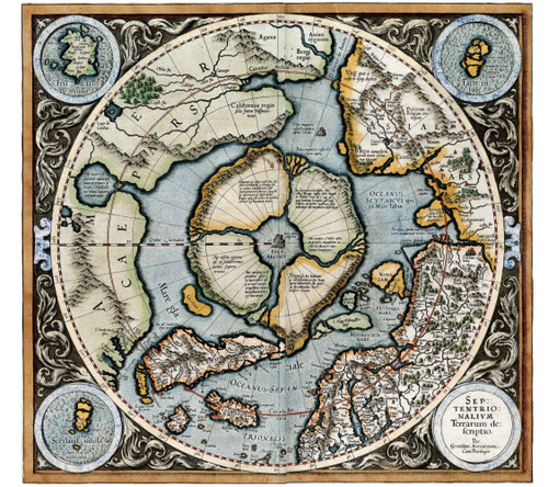 Mercators 1595 Iconic Map of the North Pole Regions - Flat Earth Print - Wall Art Poster Gift - Ancient Old Vintage Antique Look - Rolled Picture Artwork Classroom Decor