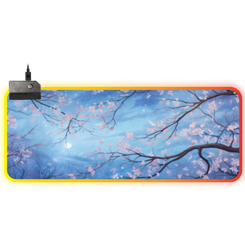 llsxi Stitched Edge Pink Flower RGB Gaming Desk Pad with Non-Slip Base,15.74"x27.59"Large Lighted Mouse Pad Desk Mat,Computer Pad Keyboard Mousepad