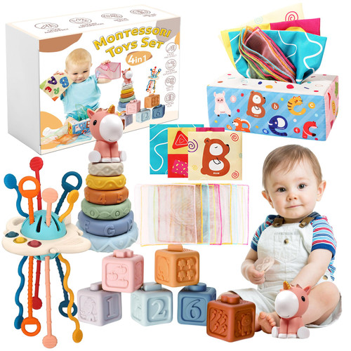 FEBALHS Montessori Baby Toys for 6+ Month Old, 4 in 1 Montessori Toys 6 to 12 Months with Baby Stacking Toys, Baby Sensory Toys, Pull String Toys for 1 Year Old Boy Girl Infant Toddler Toys Gifts FEBALHS Montessori Baby Toys for 6+ Month Old, 4 in 1 Montessori Toys 6 to 12 Months with Baby Stacking Toys, Baby Sensory Toys, Pull String Toys for 1 Year Old Boy Girl Infant Toddler Toys Gifts