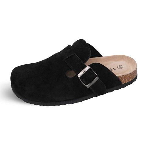 TF STAR Unisex Soft Footbed Clog Cow Suede Leather Clogs, Cork Clogs Shoes for Women Men Black