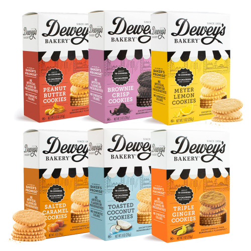 Dewey's Bakery Complete Cookie Collection | Meyer Lemon, Brownie Crisp, Triple Ginger, Salted Caramal, Toasted Coconut & Peanut Butter Moravian Cookie Thins | 9 oz (Pack of 6)