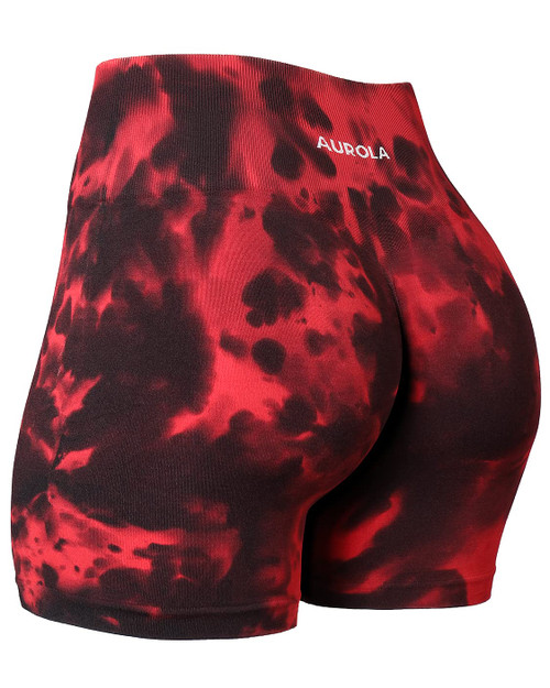 AUROLA Dream Tie Dye Workout Shorts for Women Seamless Scrunch Soft Active Shorts,Red-Black Tie Dye,L