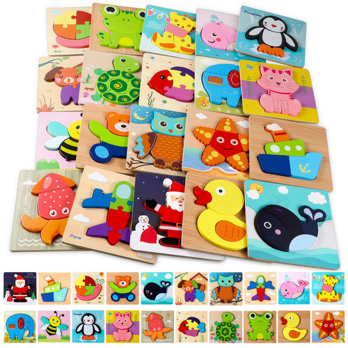 Liliful 20 Packs Wooden Toddler Puzzles Animal Jigsaw Wooden Puzzles for Toddlers 1-3, Montessori Toys for 1+ Year Old Kids Girl Boys Learning Educational Preschool Toys Birthday Gifts