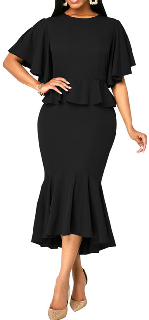 Ruffle Sleeve Fishtail Dress for Women Evening Elegant Cocktail Formal Peplum Midi Mermaid Dresses(Black Large)