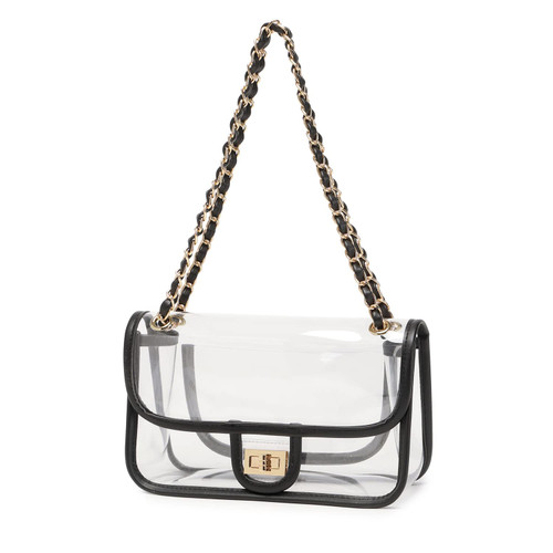 LAM GALLERY Womens PVC Clear Purse Handbag with Chain Stadium Approved Clear Bag See Through Bag for Working and Concert (Black Gold Large)