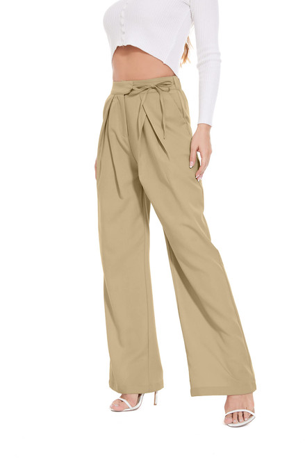 FUNYYZO Straight Wide Leg Long Trousers with Tie Belt for Women Pleated Front High Waisted Pants FUNYYZO Straight Wide Leg Long Trousers with Tie Belt for Women Pleated Front High Waisted Pants