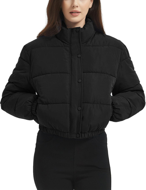 Flygo Women's Cropped Puffer Jacket - Full Zip Padding Warm Quilted Jackets Winter Coats(Black-XS)