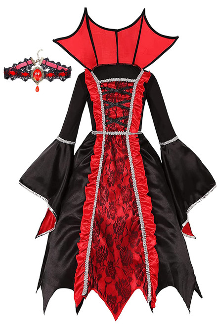SKCAIHT Vampire Costume for Girls Halloween Gothic Victorian Vampire Dress Up Party (Vampire-A, 6-8 Years)