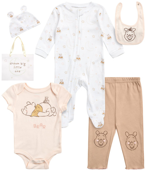Disney Baby Boys Girls Newborn Essentials 7 Piece Layette Christmas Gift Set: Mickey Mouse Winnie the Pooh Minnie Mouse, 0-6M, Size 3-6M, Winnie/Pooh Pink/White