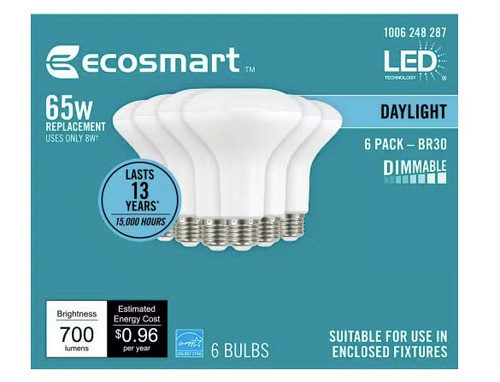 EcoSmart 65-Watt Equivalent BR30 Dimmable LED Light Bulb Daylight (6-Pack)