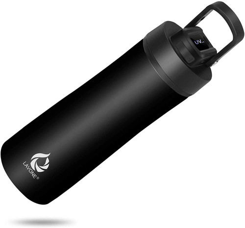 LAVONE Water Bottles, Insulated Beverage Self-Cleaning and Insulated Stainless Steel Water Bottle with UV Water Purifier, with Handle - Black, 18 oz