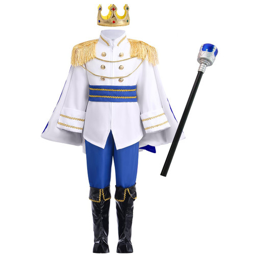 Prince Charming Costume Boys Kids Cinderella Snow White Knight King Crown Role Play Cosplay Suits Halloween Carnival Dress Up Fancy Medieval Royal Prince Costume Blue Suit+Crown+Scepter 4-5 Years