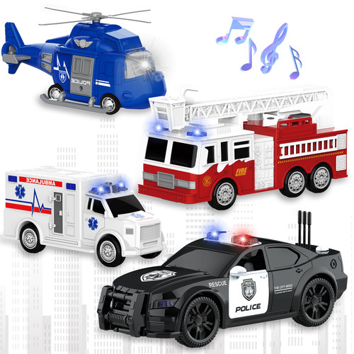 EPPO 4 Packs Fire Truck Toy, Ambulance, Police Car, and Helicopter, Emergency Vehicle Truck Toy Set with Lights and Sounds, Friction Powered Car Toy for Toddler Boys 3 4 5 6 Years Old EPPO 4 Packs Fire Truck Toy, Ambulance, Police Car, and Helicopter, Emergency Vehicle Truck Toy Set with Lights and Sounds, Friction Powered Car Toy for Toddler Boys 3 4 5 6 Years Old