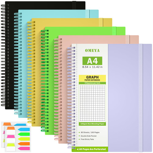 6 Pack Graph Paper Notebook 8.5" x 11", 1 Subject Spiral Notebook Journal with Pockets, Large Grid Notebook, 480 Perforated Pages 100gsm Thick Grid Paper, Cute Notebook for School Supplies Office