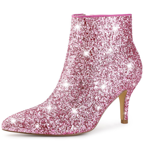 Perphy Glitter Sequin Pointed Toe Stiletto Heel Glitter Pink Ankle Boots for Women - 6 M US