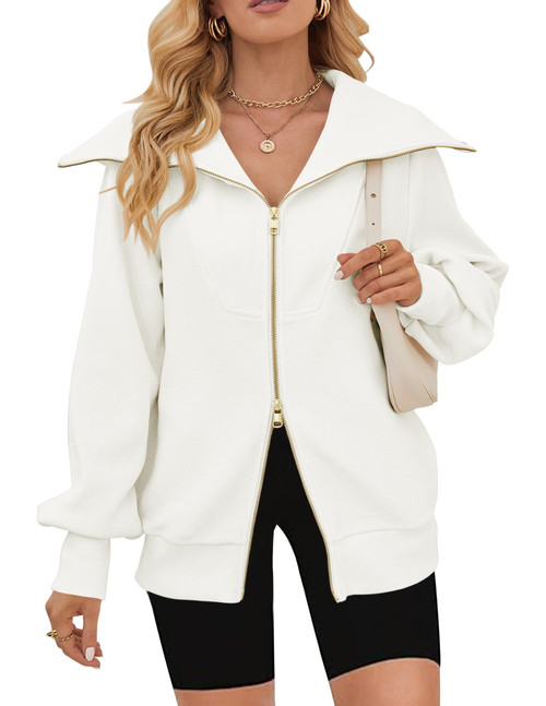 MEROKEETY Sweatshirt for Women Long Balloon Sleeve Full Zipper Turndown Collar Workout Activewear, White, M MEROKEETY Sweatshirt for Women Long Balloon Sleeve Full Zipper Turndown Collar Workout Activewear, White, M