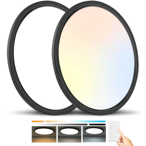 3200LM Flush Mount Ceiling Light Fixtures Black 12Inch, Dimmable LED Ceiling Lights for Bedroom, CCT Adjustable 3000K 4500K 6000K, Bright Low Profile Flat Ceiling Lights for Kitchen Bathroom, 2 Packs