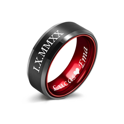 LerchPhi Rings for Men Fashion Custom Tungsten Carbide Wedding Bands Black and Red Promise Rings for Him Engraved Name Comfort Fit 8mm Size 7