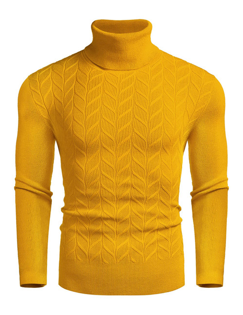 COOFANDY Men's Slim Fit Turtleneck Sweater Casual Pullover Sweater Basic Twist Patterned Knitted Sweater Yellow