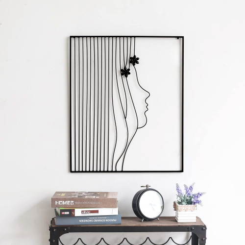 Asense Metal Wall Art Decor Abstract Female Face Lines Elegant Outlines Wall Hanging Sculptures for Bedroom Living Room Home Decoration, Black