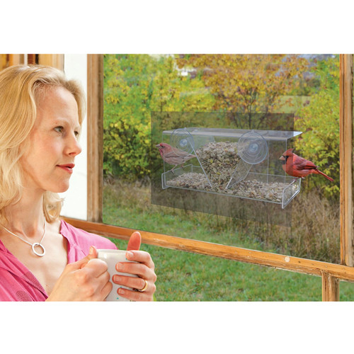 Songbird Essentials Outside Window Bird Feeder, Clear View Mirrored Hopper Window Feeder with One Way Film