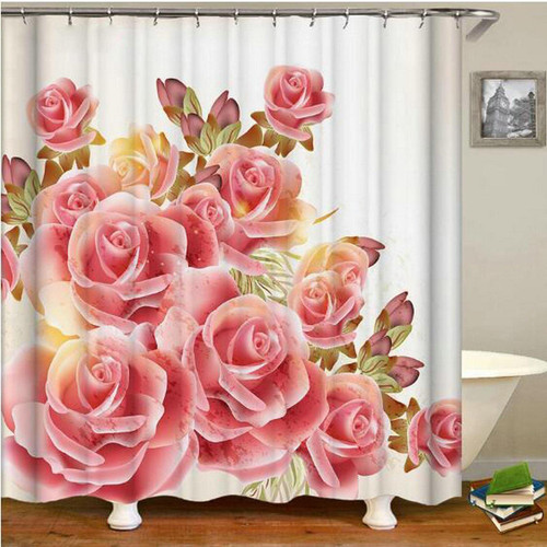 JIAMELUCK Red Rose Flower Printing Bathroom Curtain Polyester Waterproof with Hooks Home Decoration Shower Curtain Bathroom 170x170cm(67" Wx67 H)