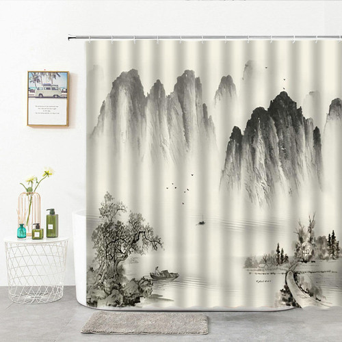 JIAMELUCK Ink Landscape Painting Shower Curtain Modern Ink and Water Landscape Modern Home Decor Bathroom Curtain 170x170cm(67" Wx67 H)