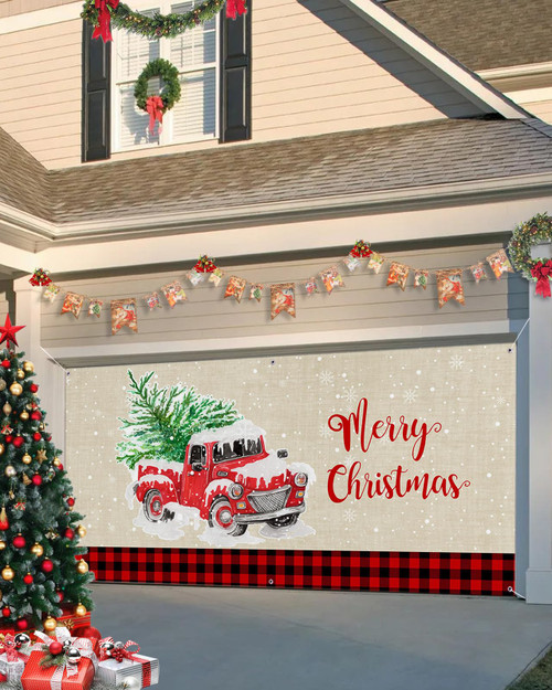 Christmas Garage Door Banner Cover 7 x 8 ft, Christmas Red Truck Xmas Tree Red Black Buffalo Plaid Christmas Garage Door Decorations Holiday Christmas Backdrop Decor for Winter New Year Xmas Party
