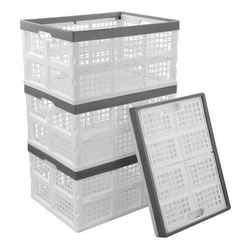 Uumitty 4 Packs 30 L Plastic Collapsible Storage Basket, Folding Stackable Storage Containers/Bins, White
