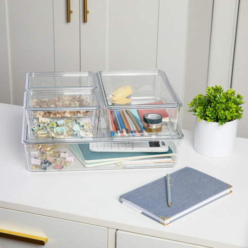 Martha Stewart Brody Plastic Storage Organizer Bins with Lids for Home Office, Kitchen, or Bathroom, 4 Pack, 2-Small/1-Medium, 1 Large, Clear/White