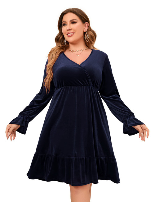 KOJOOIN Women's Plus Size Velvet Dress Wrap V Neck Swing Dress Long Sleeve Cocktail Party Dress Blue 3XL KOJOOIN Women's Plus Size Velvet Dress Wrap V Neck Swing Dress Long Sleeve Cocktail Party Dress Blue 3XL