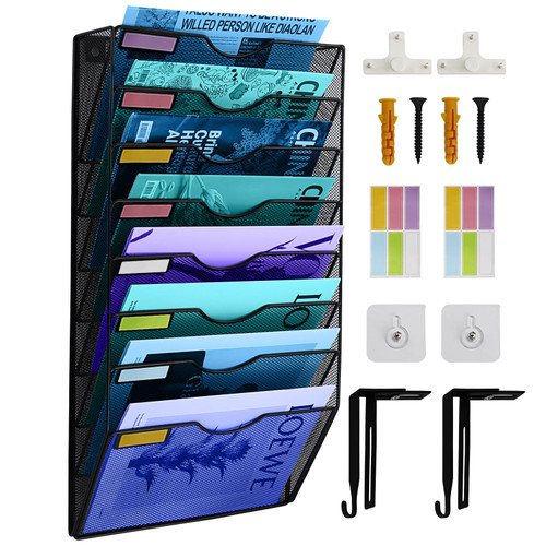 TSDRBWO 8 Tier Hanging Wall File Holder, Mental Mesh File Organizer, Mail Organizer, Wall Mounted Magazine Storage Rack, Magazine Holder Vertical Wall Mounted Mesh Hanging File Folders Paper Organizer