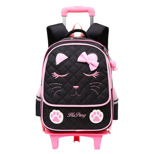 MITOWERMI Cute Rolling Backpack for Girls Trolley School Bags Cat-face Print Kids Backpacks with Wheels Carry-on Travel Luggage