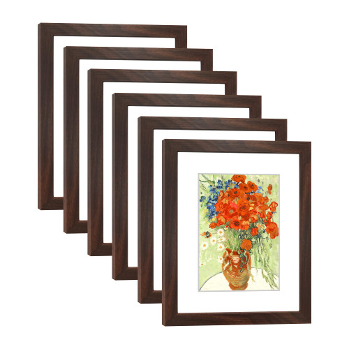 DEKWINN 8x10 Picture Frame Set of 6 with Real Glass for Pictures 5x7 with Mat or 8x10 Without Mat, Wall or Tabletop Gallery Photo Frames Walnut