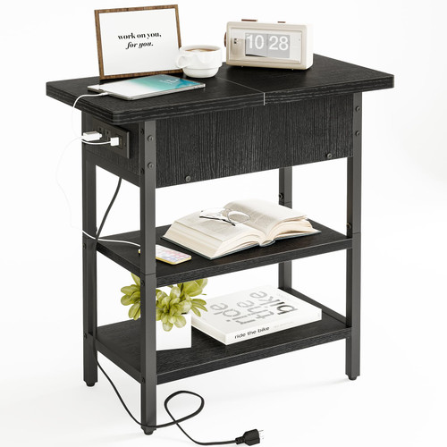 Fixwal End Table with Charging Station, Flip Top Side Table with USB Ports and Outlets, Narrow Nightstand Sofa Couch Table Bedside Table for Living Room Bedroom, Black