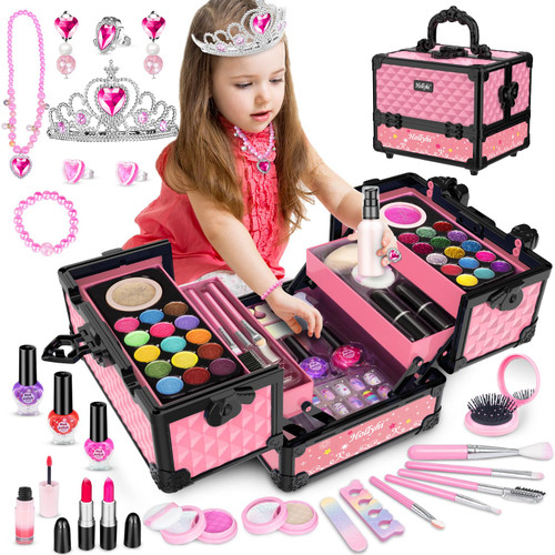 Hollyhi 62Pcs Kids Makeup Kit for Girl, Washable Play Makeup Toys Set for Dress Up, Beauty Vanity Set with Cosmetic Case Birthday Toys for Girls 3 4 5 6 7 8 9 10 11 12 Year Old Kids Toddlers (Pink)