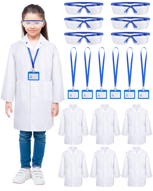 Unittype 6 Sets 18 Pcs White Kids Lab Coats Bulk Children Girl Doctor Scientist Costume Lab Coat with Goggles Card Holder (Large)