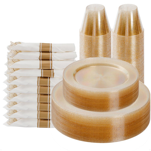 175 Piece Gold Glitter Plastic Dinnerware Set for 25 Guests, Fancy Disposable Plates for Party, Include: 25 Dinner Plates, 25 Dessert Plates, 25 Pre Rolled Napkins with Gold Glitter Silverware, 25 Cup