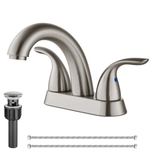 Cinwiny Centerset 4 Inch Bathroom Faucet Brushed Nickel Deck Mount Two Handles Bathroom Sink Faucet Vanity Mixer Tap with Pop up Drain Assembly