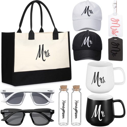 11 Pcs Wedding Gifts for Bride and Groom Sets, Include Tote Bag, Mr Mrs Hats Sunglasses, Honeymoon Sand Keepsake Jar, Tumbler, Mr and Mrs Luggage Tags for Bridal Shower Gifts for Bride (Elegant)