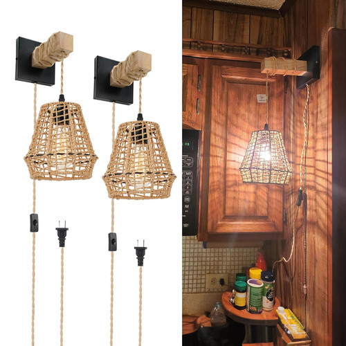 Frideko Plug in Wall Sconces Set of Two Wall Lamp with Plug in Cord Rustic Wall Light Fixtures Farmhouse Wall Sconce Boho Wall Mounted Light Black Sconces Wall Lighting for Bedroom Living Room