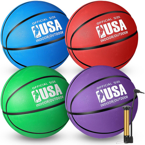 Libima 4 Pack Rubber Basketball Official Size Basketballs for Kids with Pump for Indoor Outdoor School Basketball Game Street Ball Training(Red, Green, Purple, Blue, Size 6)