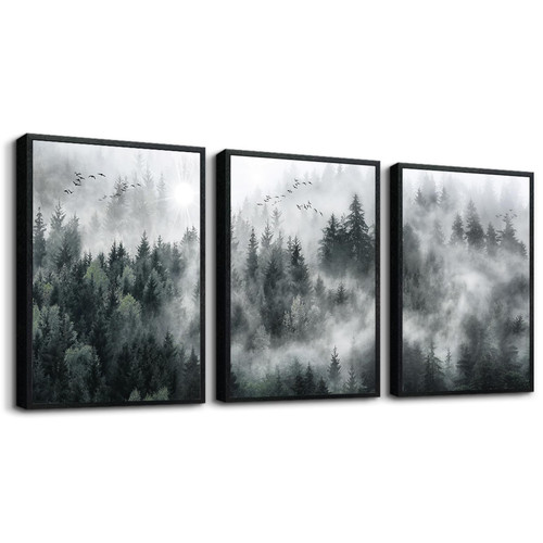 Black Framed Canvas Wall Art For Living Room Modern Wall Decorations For Bedroom Foggy Forest Trees Landscape Wall Paintings Office Wall Decor Canvas Prints Home Decor Ready To Hang Wall Pictures