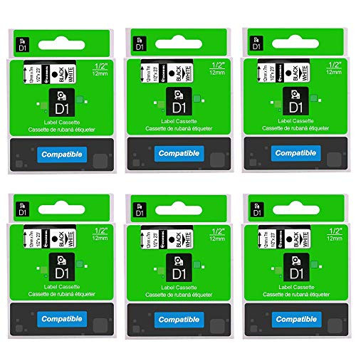 6-Pack 45013 S0720530 D1 Label Tape Compatible DYMO LabelManager 280 160 210D 260P 360D 420P 450D Label Maker Black on White 1/2 inch(12mm) x 23 Feet(7m)