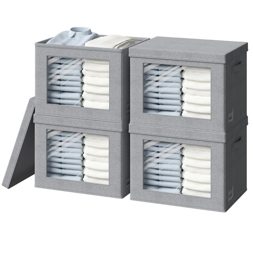 Storage Bins with Lids?Transparent Window Fabric Storage Boxes?Foldable Storage Baskets with Handles?closet organizers and storage bins for Clothes?Books, Yarn, Toys ((15.47 * 11 * 11) x4, Grey)