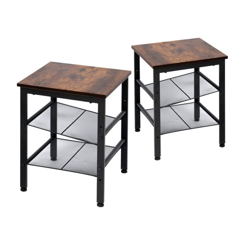 Coral Flower Set of 2 Side Tables, End Tables with Adjustable Mesh Shelves, for Living Room, Bedroom, Industrial, Stable Steel Frame, Easy Assembly, Rustic Brown