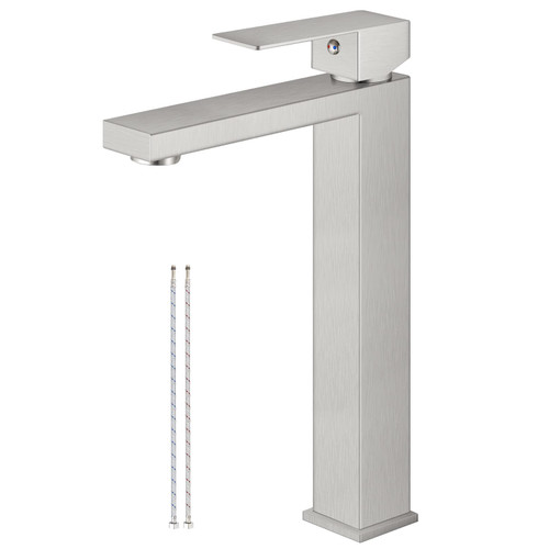 Airuida Single Handle Vessel Sink Faucet, Brushed Nickel Tall Bathroom Sinks Faucet, One Hole Lavatory Sink Bathroom Faucet, Lavatory Vanity Mixer Bar Tap with Water Supply Hoses Deck Mount