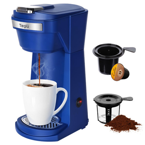 Teglu Single Serve Coffee Maker for K Cup Pod & Ground Coffee 2 in 1, K Cup Coffee Machine 14 oz Brew Size, Mini Single Cup Coffee Pod Fast Brew, Reusable Filter, CM208, Blue