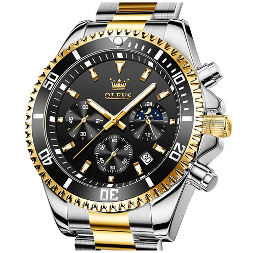 OLEVS Mens Watches Big Face Chronograph Black Dial Watches Gold Stainless Steel Waterproof Date Analog Quartz Watch Business Luxury Multifunction Watches for Men Luminous Wide Men's Wrist Watches