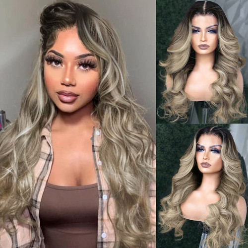 Swetcurly Long Brown Mixed Blonde Wavy Wig for Women 26 Inch Middle Part Curly Wavy Wig Natural Looking Synthetic Heat Resistant Fiber Wig for Daily Party Use 26 Inch